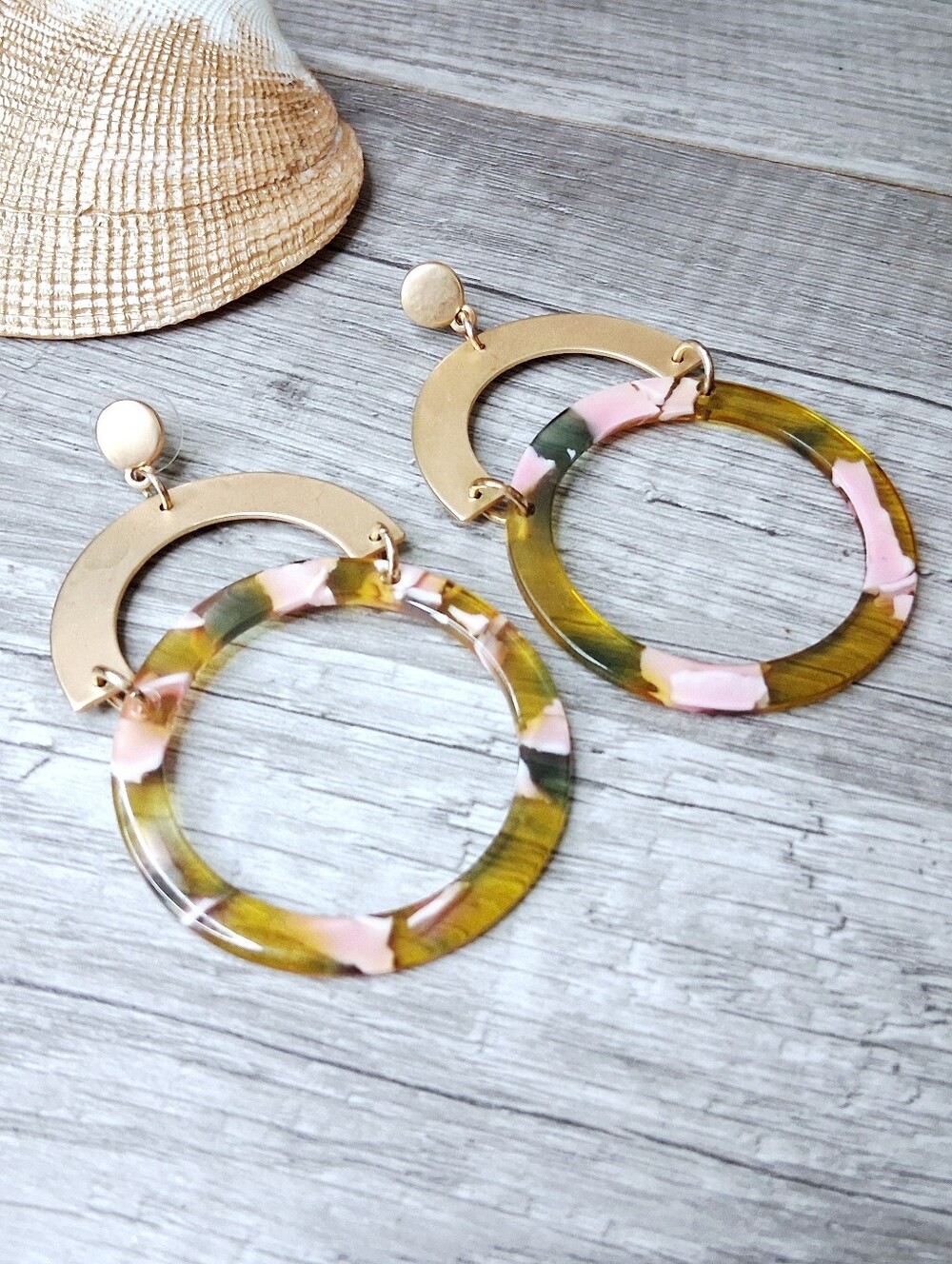 Gold and Pink Resin Hoop Drop Earrings